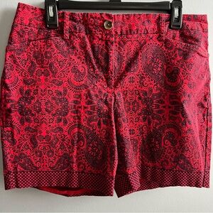 Lands' End Casual Shorts Women's Size 10 Red Stretch Boho Paisley Artsy Mid Rise